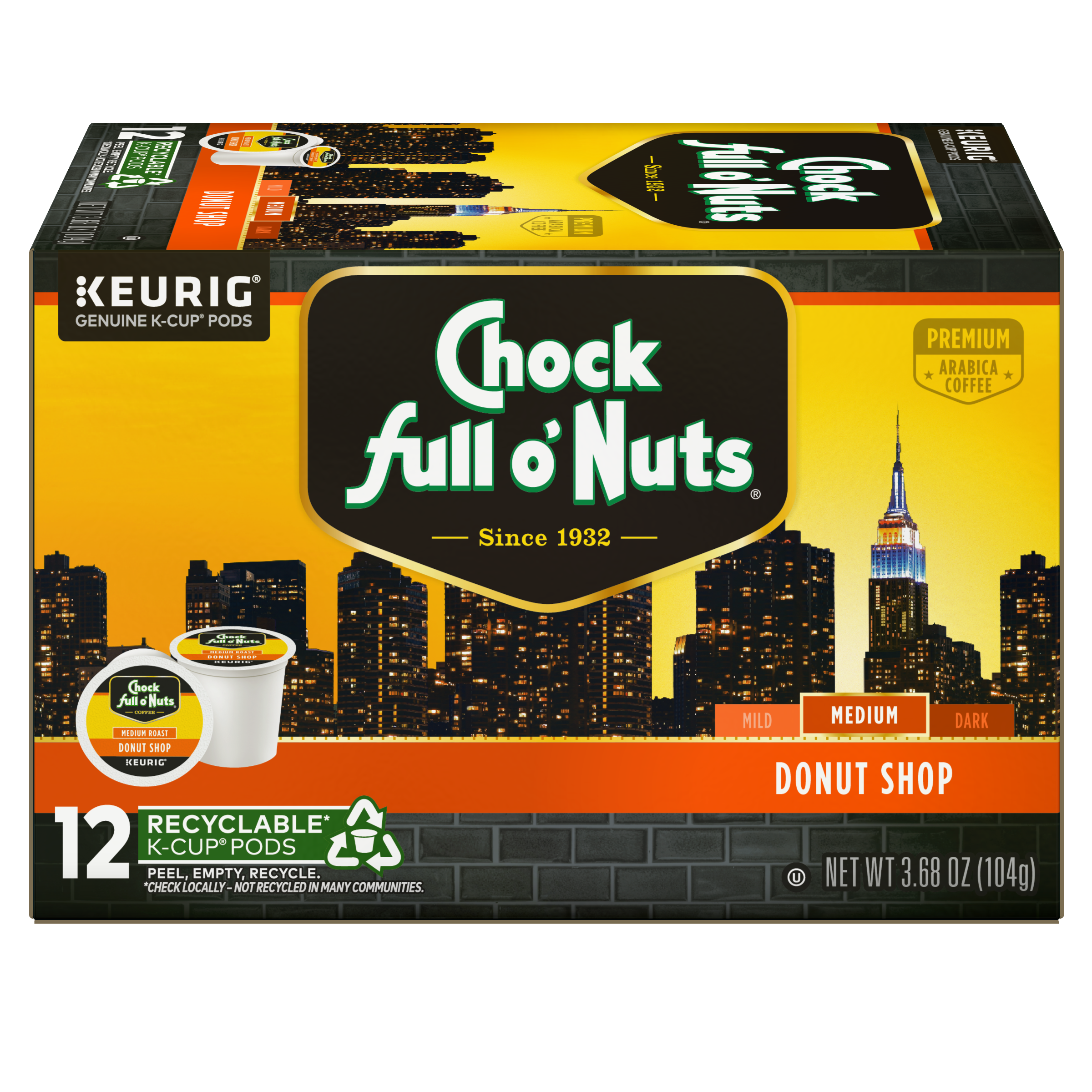 NEW-Chock full o'Nuts K-Cup Pods - Donut Shop - Medium Roast - Premi   Massimo Zanetti Beverage (ShopMZB)