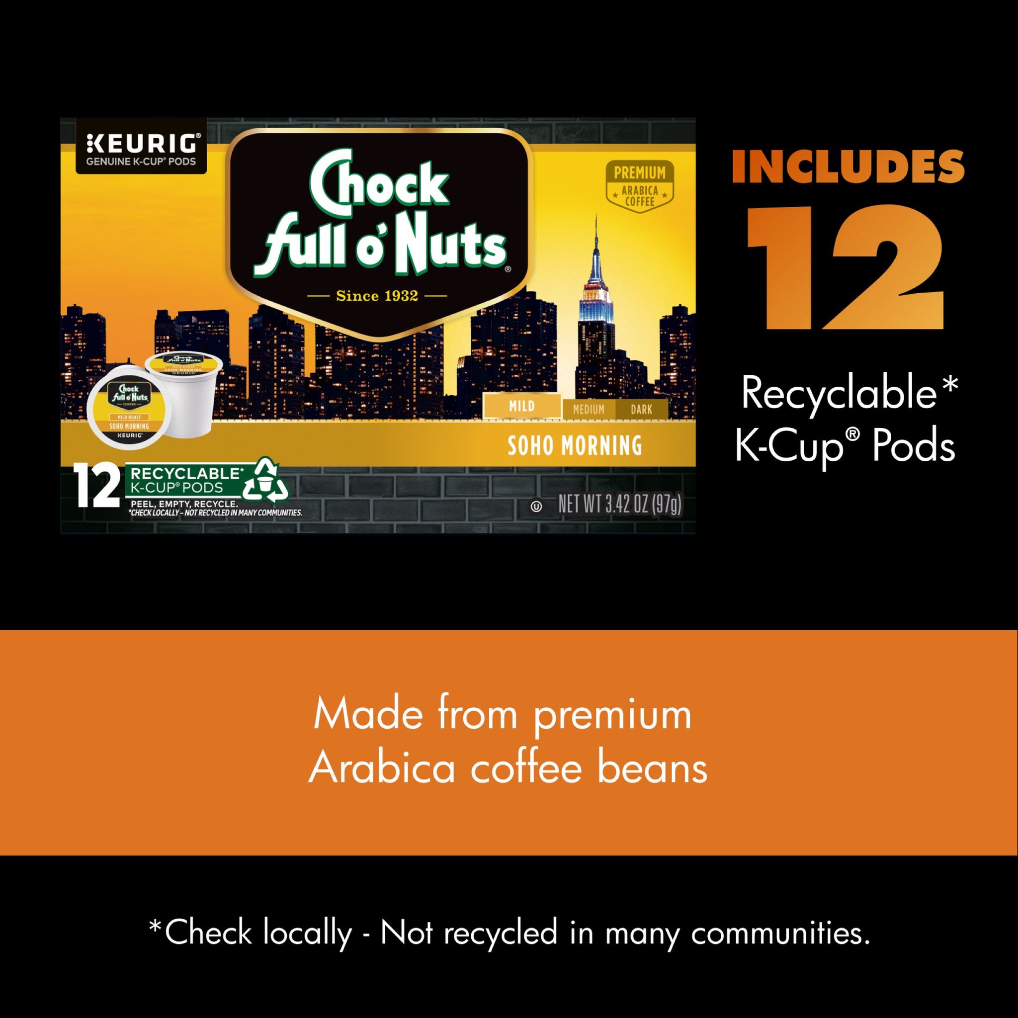 NEW-Chock full o'Nuts® K-Cup® Pods - Soho Morning - Mild Roast